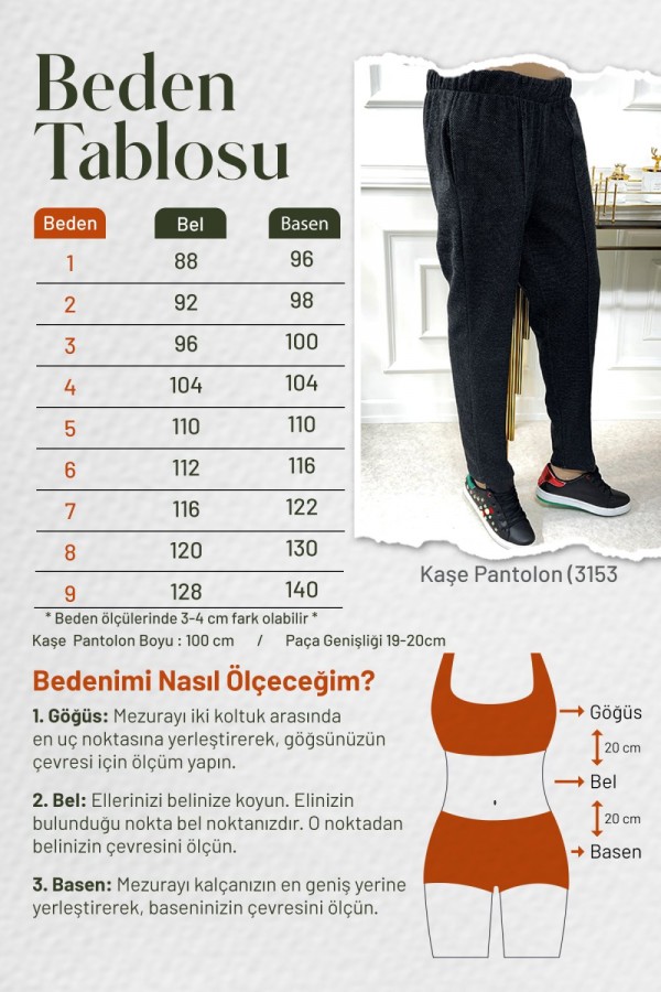 Büyük Beden Cepli Kışlık Lastikli Kaşe Pantolon  Karışık Kareli Desen