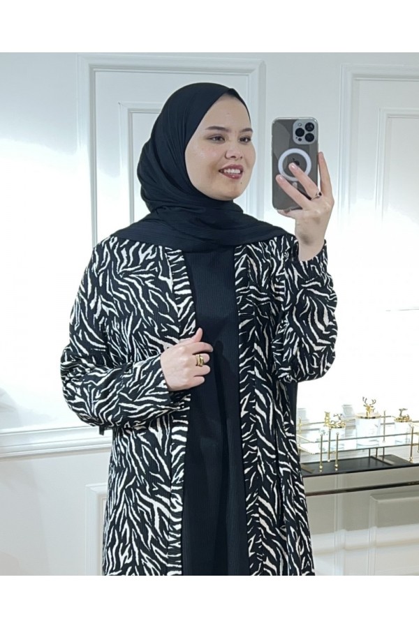 Büyük Beden Desenli Üçlü  Takım  kimono tunik pantolon   Siyah Çapraz Zebra