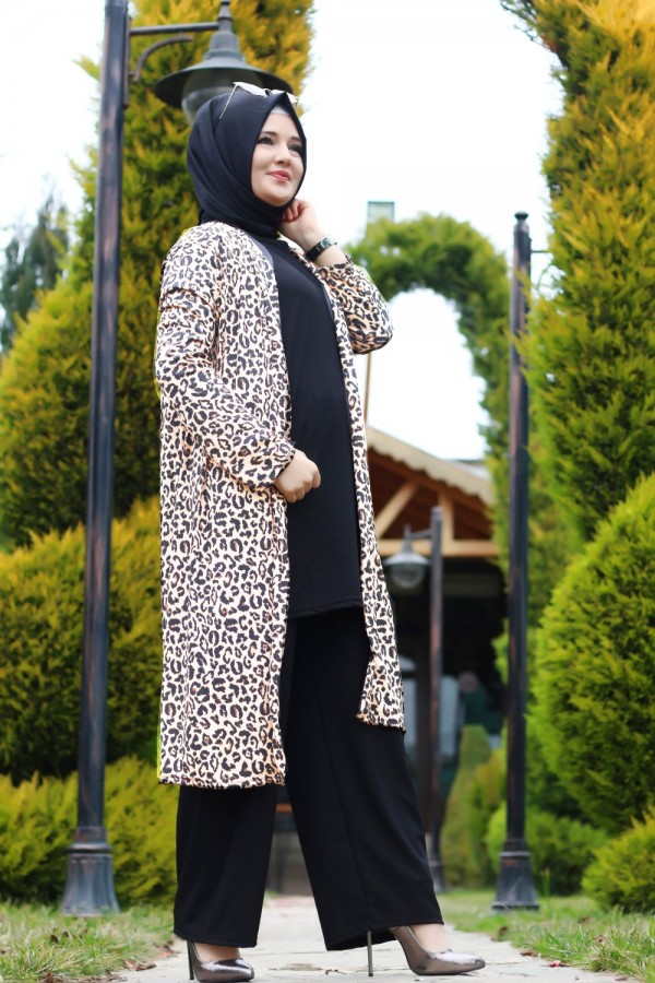 Büyük Beden Desenli Üçlü  Takım  kimono tunik pantolon   Taş Leopar