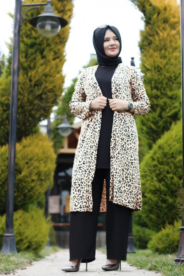 Büyük Beden Desenli Üçlü  Takım  kimono tunik pantolon   Taş Leopar