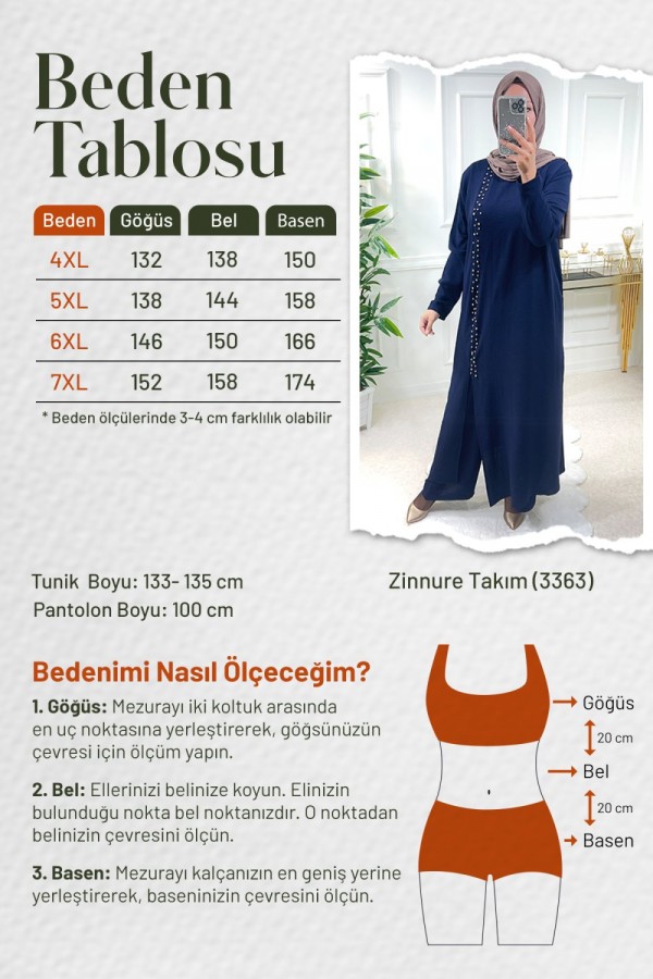 Zinnure Büyük Beden İncili Takım  - İndigo